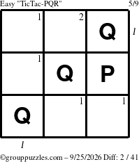 The grouppuzzles.com Easy TicTac-PQR puzzle for Friday September 25, 2026 with all 2 steps marked