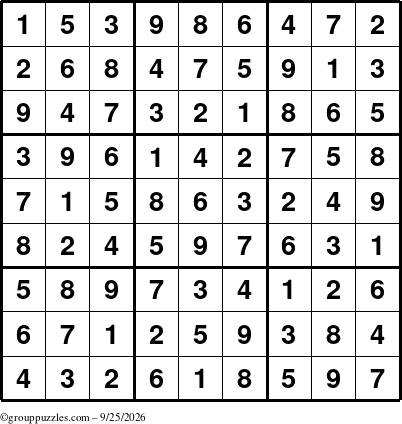 The grouppuzzles.com Answer grid for the Sudoku puzzle for Friday September 25, 2026