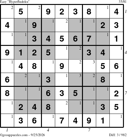 The grouppuzzles.com Easy HyperSudoku puzzle for Friday September 25, 2026 with all 3 steps marked