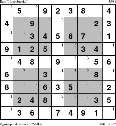 The grouppuzzles.com Easy HyperSudoku puzzle for Friday September 25, 2026 with the first 3 steps marked