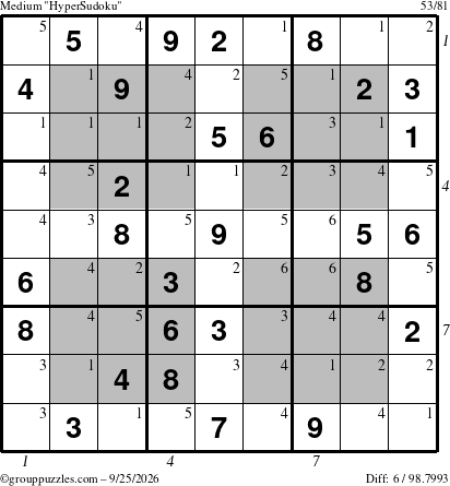 The grouppuzzles.com Medium HyperSudoku puzzle for Friday September 25, 2026, suitable for printing, with all 6 steps marked
