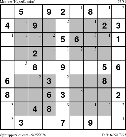 The grouppuzzles.com Medium HyperSudoku puzzle for Friday September 25, 2026 with the first 3 steps marked