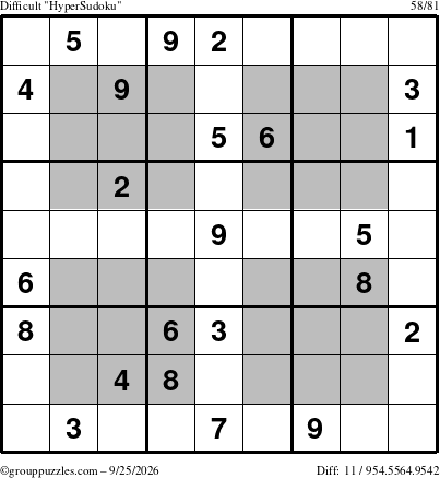 The grouppuzzles.com Difficult HyperSudoku puzzle for Friday September 25, 2026