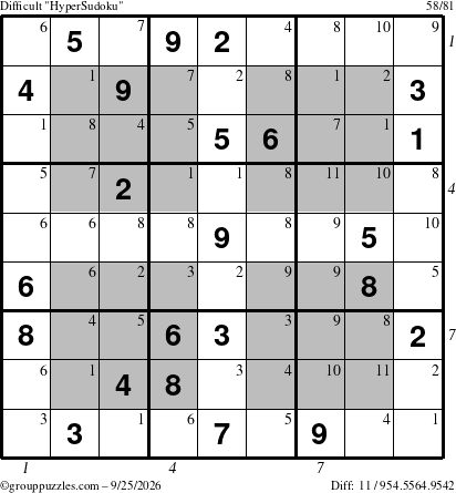 The grouppuzzles.com Difficult HyperSudoku puzzle for Friday September 25, 2026, suitable for printing, with all 11 steps marked