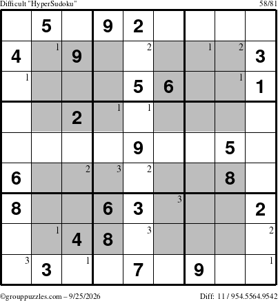 The grouppuzzles.com Difficult HyperSudoku puzzle for Friday September 25, 2026 with the first 3 steps marked