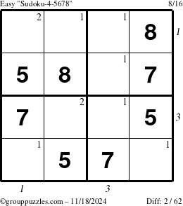 The grouppuzzles.com Easy Sudoku-4-5678 puzzle for Monday November 18, 2024 with all 2 steps marked