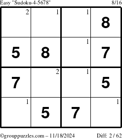 The grouppuzzles.com Easy Sudoku-4-5678 puzzle for Monday November 18, 2024 with the first 2 steps marked