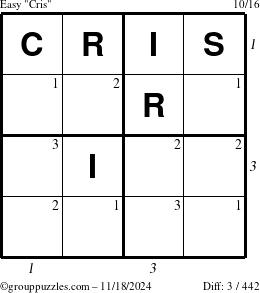 The grouppuzzles.com Easy Cris puzzle for Monday November 18, 2024, suitable for printing, with all 3 steps marked