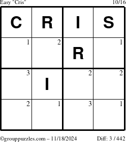 The grouppuzzles.com Easy Cris puzzle for Monday November 18, 2024 with the first 3 steps marked