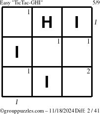 The grouppuzzles.com Easy TicTac-GHI puzzle for Monday November 18, 2024 with all 2 steps marked