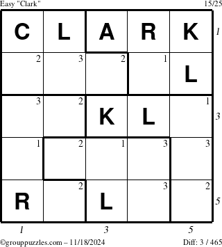 The grouppuzzles.com Easy Clark puzzle for Monday November 18, 2024 with all 3 steps marked