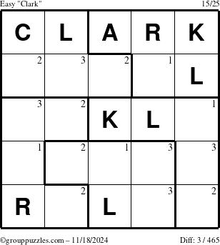 The grouppuzzles.com Easy Clark puzzle for Monday November 18, 2024 with the first 3 steps marked