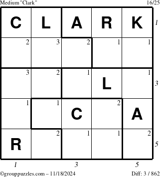 The grouppuzzles.com Medium Clark puzzle for Monday November 18, 2024 with all 3 steps marked