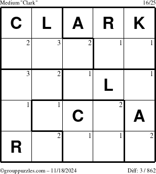 The grouppuzzles.com Medium Clark puzzle for Monday November 18, 2024 with the first 3 steps marked