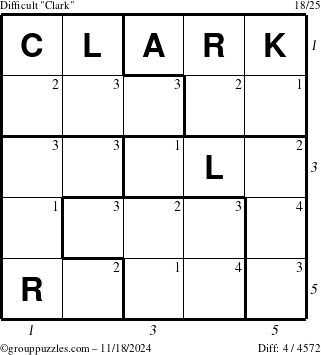 The grouppuzzles.com Difficult Clark puzzle for Monday November 18, 2024 with all 4 steps marked