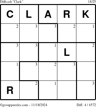 The grouppuzzles.com Difficult Clark puzzle for Monday November 18, 2024 with the first 3 steps marked