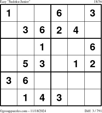 The grouppuzzles.com Easy Sudoku-Junior puzzle for Monday November 18, 2024