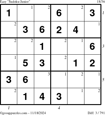 The grouppuzzles.com Easy Sudoku-Junior puzzle for Monday November 18, 2024 with all 3 steps marked