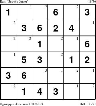 The grouppuzzles.com Easy Sudoku-Junior puzzle for Monday November 18, 2024 with the first 3 steps marked