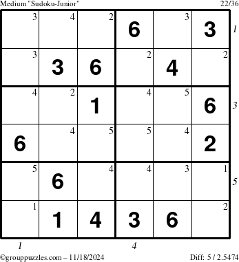 The grouppuzzles.com Medium Sudoku-Junior puzzle for Monday November 18, 2024 with all 5 steps marked