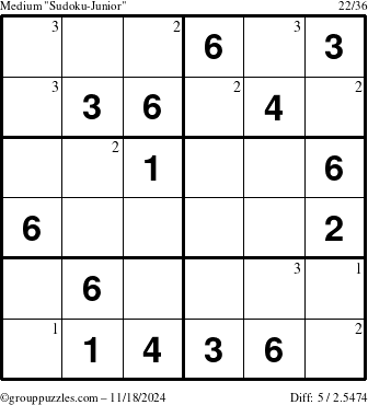 The grouppuzzles.com Medium Sudoku-Junior puzzle for Monday November 18, 2024 with the first 3 steps marked