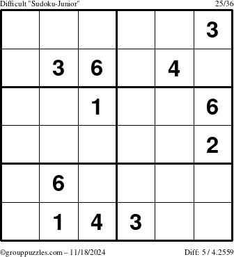 The grouppuzzles.com Difficult Sudoku-Junior puzzle for Monday November 18, 2024