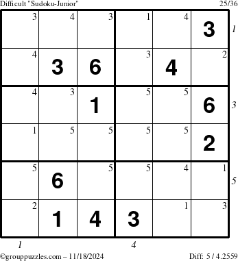 The grouppuzzles.com Difficult Sudoku-Junior puzzle for Monday November 18, 2024 with all 5 steps marked