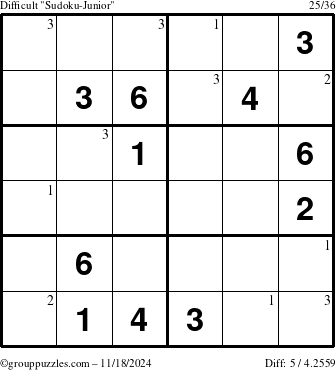 The grouppuzzles.com Difficult Sudoku-Junior puzzle for Monday November 18, 2024 with the first 3 steps marked