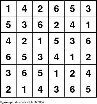 The grouppuzzles.com Answer grid for the Sudoku-Junior puzzle for Monday November 18, 2024