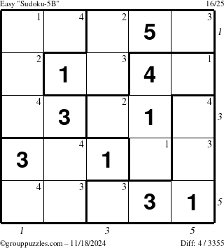 The grouppuzzles.com Easy Sudoku-5B puzzle for Monday November 18, 2024 with all 4 steps marked