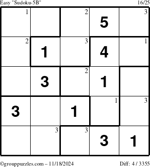 The grouppuzzles.com Easy Sudoku-5B puzzle for Monday November 18, 2024 with the first 3 steps marked