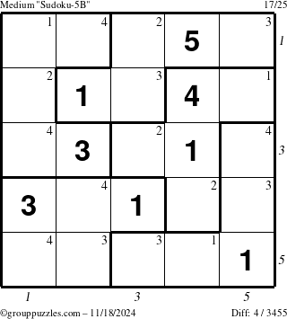 The grouppuzzles.com Medium Sudoku-5B puzzle for Monday November 18, 2024 with all 4 steps marked