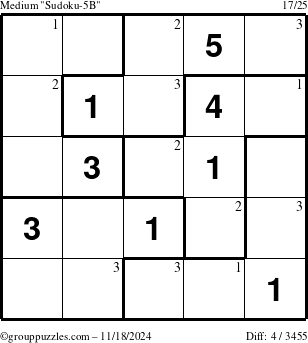 The grouppuzzles.com Medium Sudoku-5B puzzle for Monday November 18, 2024 with the first 3 steps marked