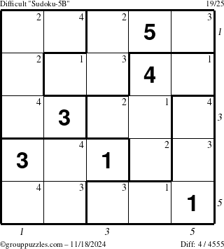 The grouppuzzles.com Difficult Sudoku-5B puzzle for Monday November 18, 2024 with all 4 steps marked