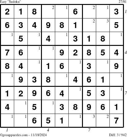 The grouppuzzles.com Easy Sudoku puzzle for Monday November 18, 2024 with all 3 steps marked