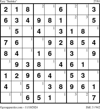 The grouppuzzles.com Easy Sudoku puzzle for Monday November 18, 2024 with the first 3 steps marked