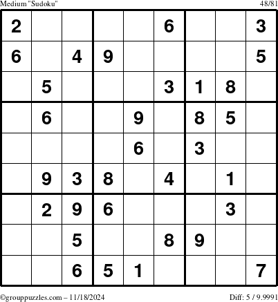 The grouppuzzles.com Medium Sudoku puzzle for Monday November 18, 2024