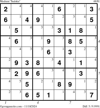 The grouppuzzles.com Medium Sudoku puzzle for Monday November 18, 2024 with all 5 steps marked