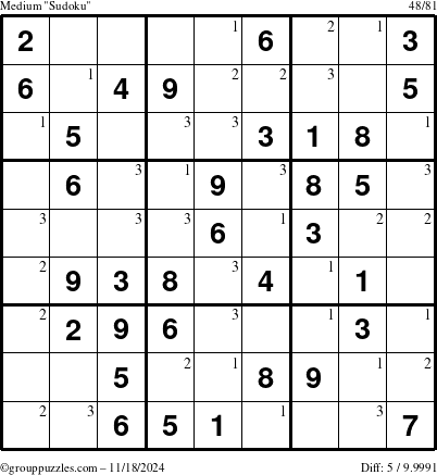 The grouppuzzles.com Medium Sudoku puzzle for Monday November 18, 2024 with the first 3 steps marked