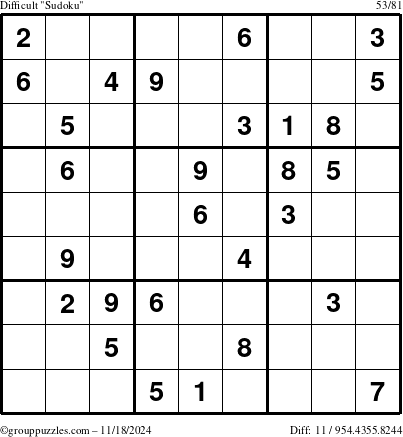 The grouppuzzles.com Difficult Sudoku puzzle for Monday November 18, 2024