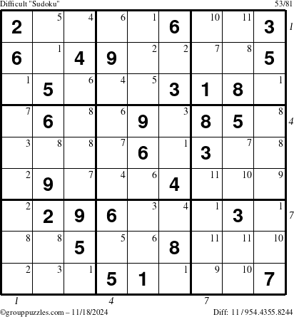 The grouppuzzles.com Difficult Sudoku puzzle for Monday November 18, 2024 with all 11 steps marked