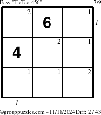 The grouppuzzles.com Easy TicTac-456 puzzle for Monday November 18, 2024 with all 2 steps marked