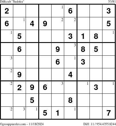 The grouppuzzles.com Difficult Sudoku puzzle for Monday November 18, 2024 with the first 3 steps marked