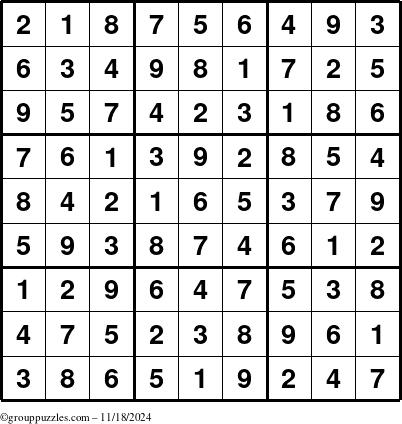 The grouppuzzles.com Answer grid for the Sudoku puzzle for Monday November 18, 2024