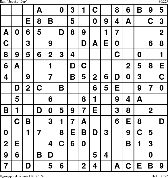 The grouppuzzles.com Easy Sudoku-15up puzzle for Monday November 18, 2024