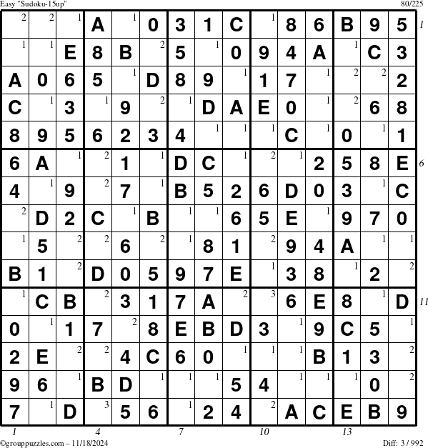 The grouppuzzles.com Easy Sudoku-15up puzzle for Monday November 18, 2024, suitable for printing, with all 3 steps marked