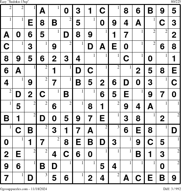 The grouppuzzles.com Easy Sudoku-15up puzzle for Monday November 18, 2024 with the first 3 steps marked