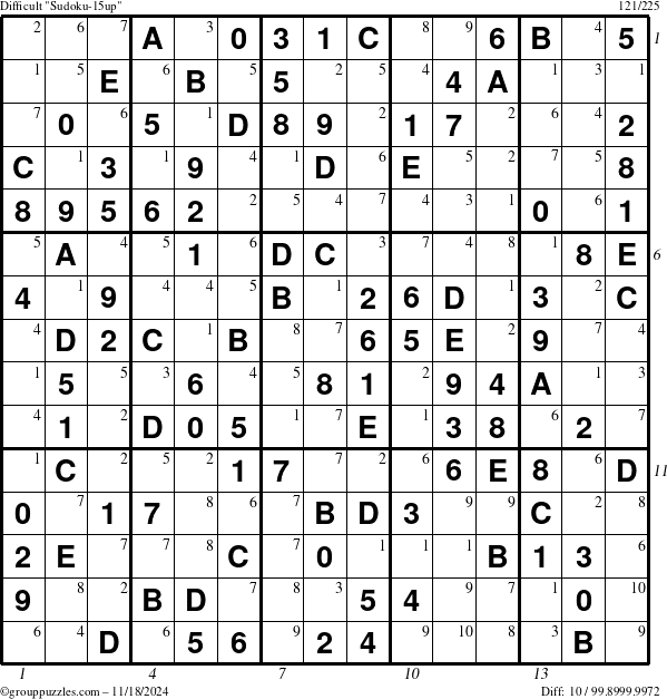 The grouppuzzles.com Difficult Sudoku-15up puzzle for Monday November 18, 2024 with all 10 steps marked