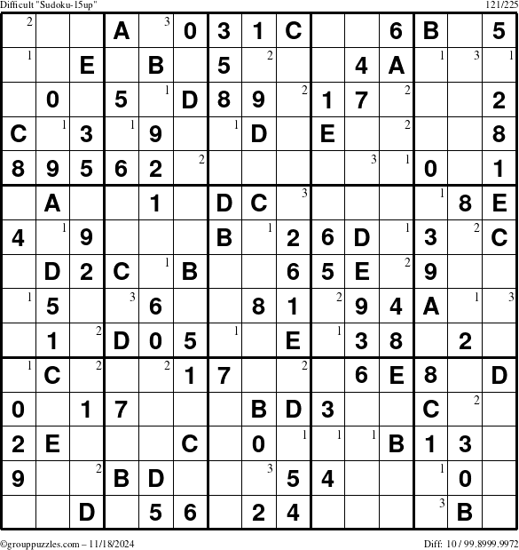 The grouppuzzles.com Difficult Sudoku-15up puzzle for Monday November 18, 2024 with the first 3 steps marked