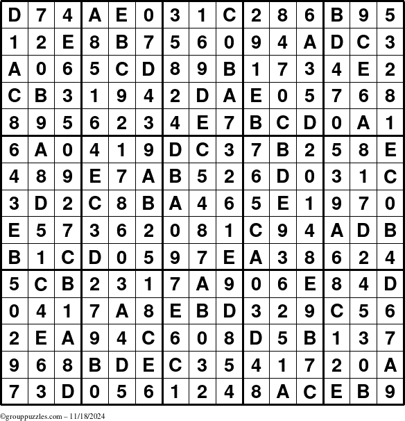 The grouppuzzles.com Answer grid for the Sudoku-15up puzzle for Monday November 18, 2024